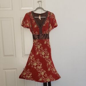 Anthropologie Maeve 100% Silk V Neck Red Floral Brown Belt Midi Dress Size 6